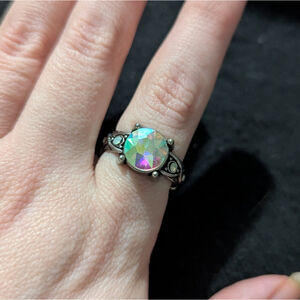 Silver Tone Iridescent Pink Statement Ring - Size 8 Adjustable